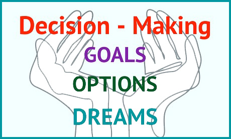 hands holding words decision-making, goals, options, dreams