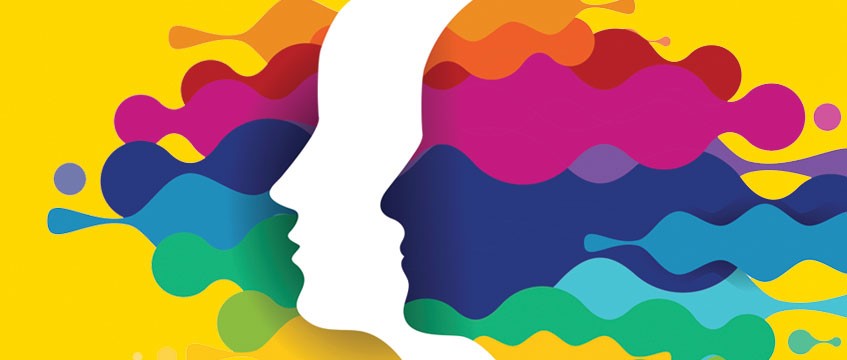 colorful illustration of three heads in profile one in the middle is whoite the two on the end have rainbow patterned colors flowing horizontally through them