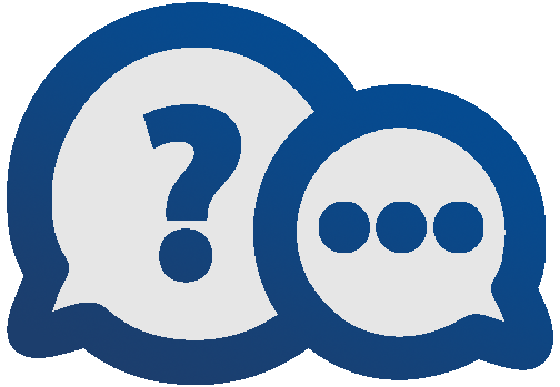 q and a graphic - overlapping speech bubbles with question mark and 3-dot conversation symbol in each one