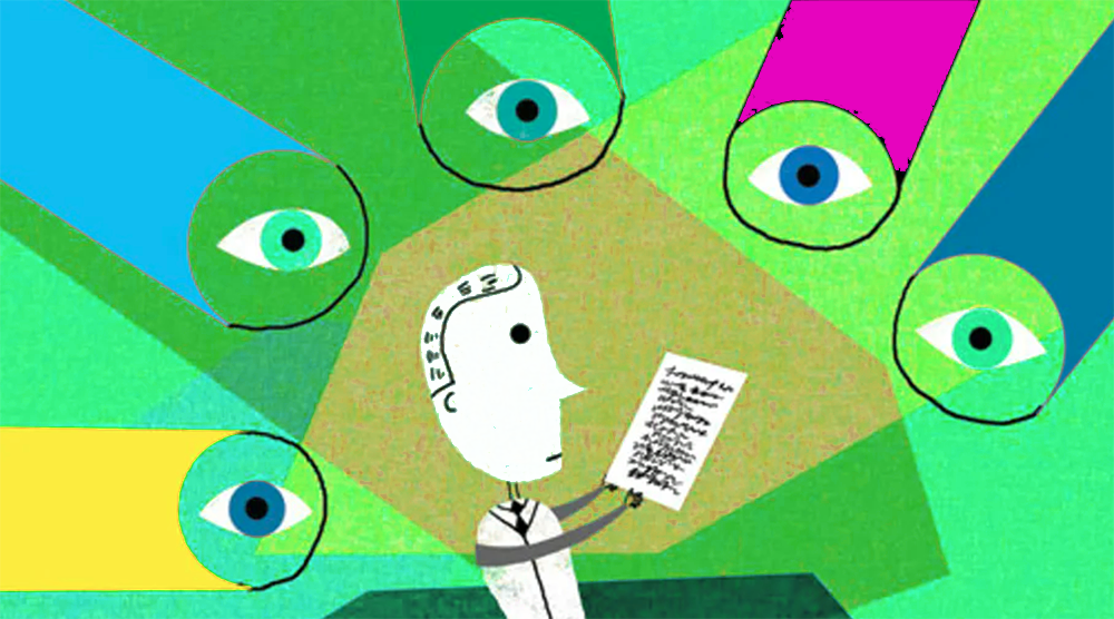 illustraton of a person showing a written paper to a cluster of large eyes which has its gaze training on him