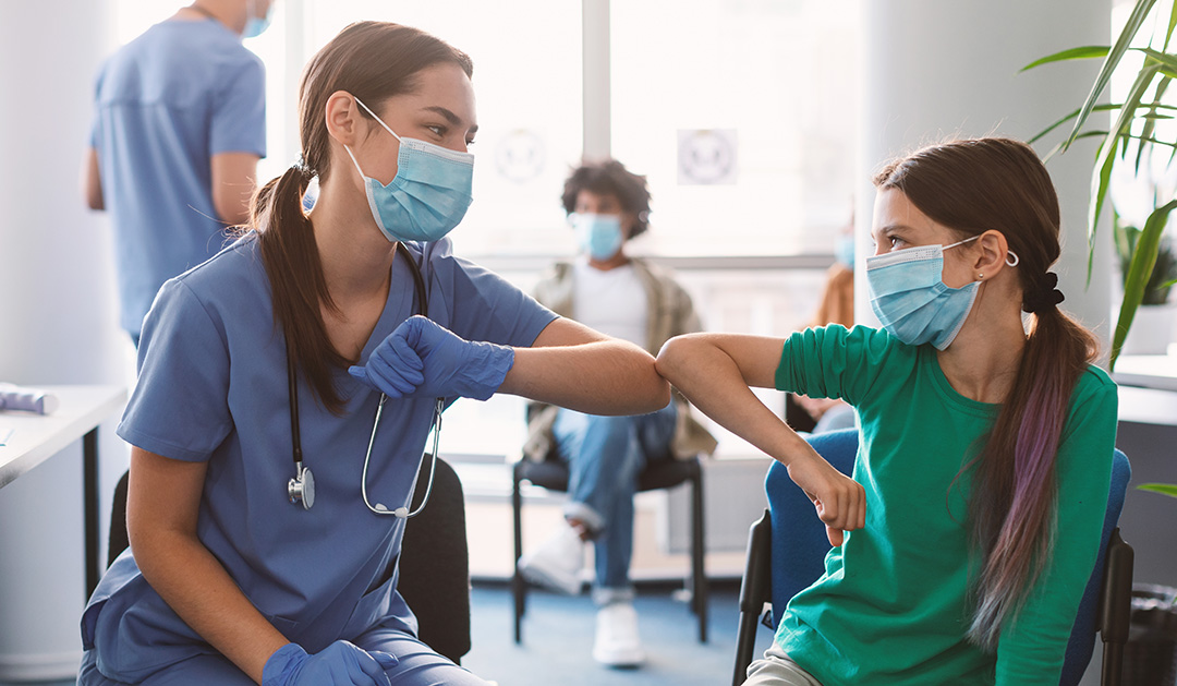 Teen Girl In Medical Mask Bumping Elbows Meeting School Nurse