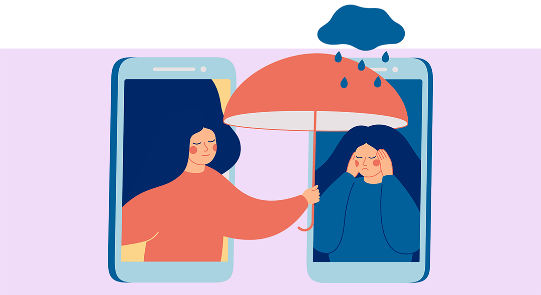 illustration of one woman with an umbrella holding it over another woman a cloud rains on her