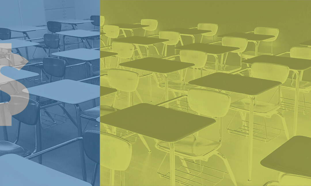 yellow and blue nmonotone image of classroom desks with dollar sign superimposed