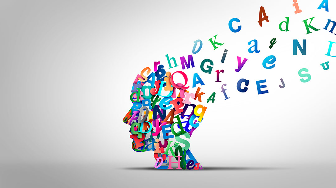 Learning to read and reading comprehension or language spoken or Dyslexia disorder concept as a human head made of Alphabet letters.