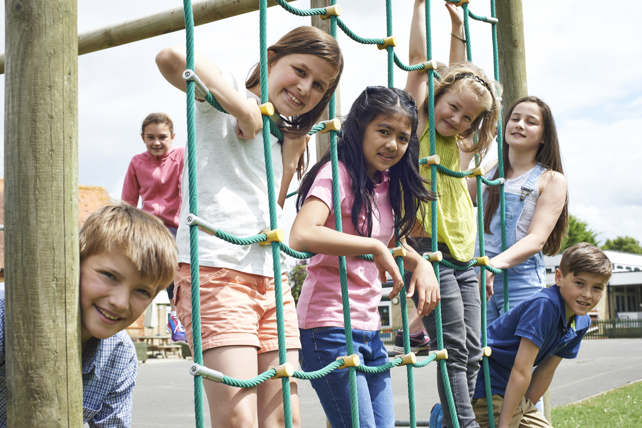 Portrait Of School Pupils Playing On Climbing Frame Portrait Of School Pupils Playing On Climbing Frame